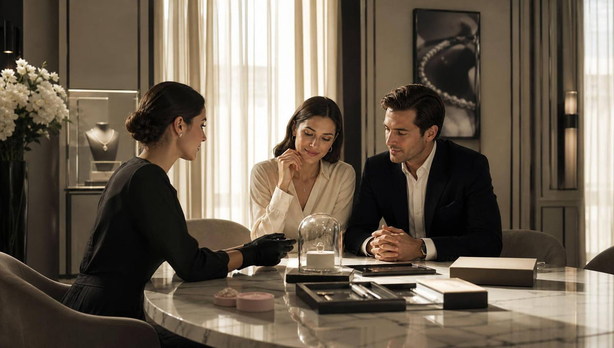 A private Astrea London client services consultation around a diamond ring