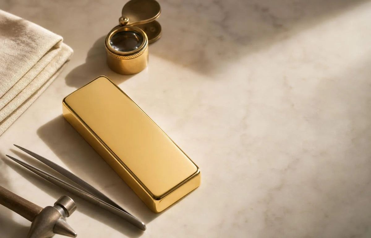 Astrea London hallmarking tools, assay punches and a hallmark reference card on a pale stone surface