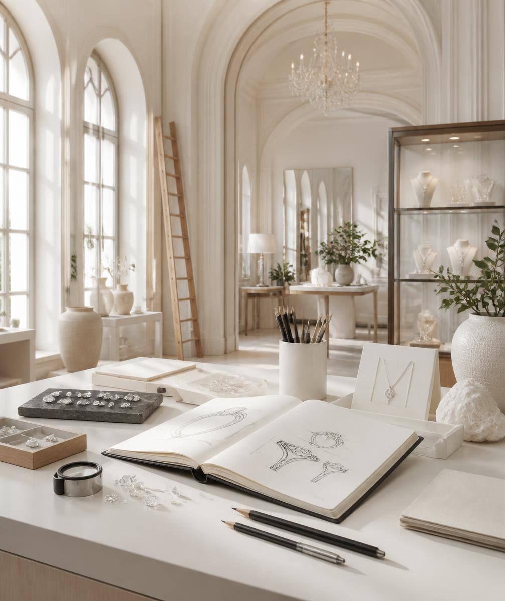 Astrea London bespoke atelier with design book and loose diamonds