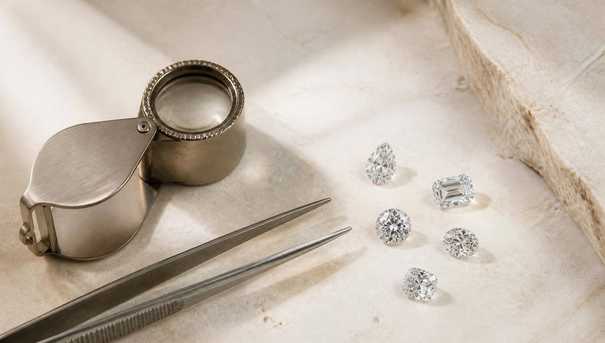 A jeweller's loupe and tweezers beside loose lab-grown diamonds of different cuts on pale stone