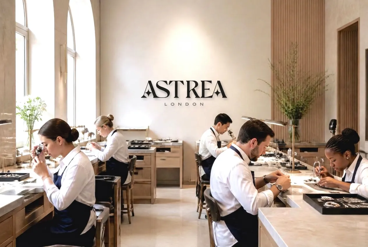 The Astrea London atelier with its wordmark on the wall