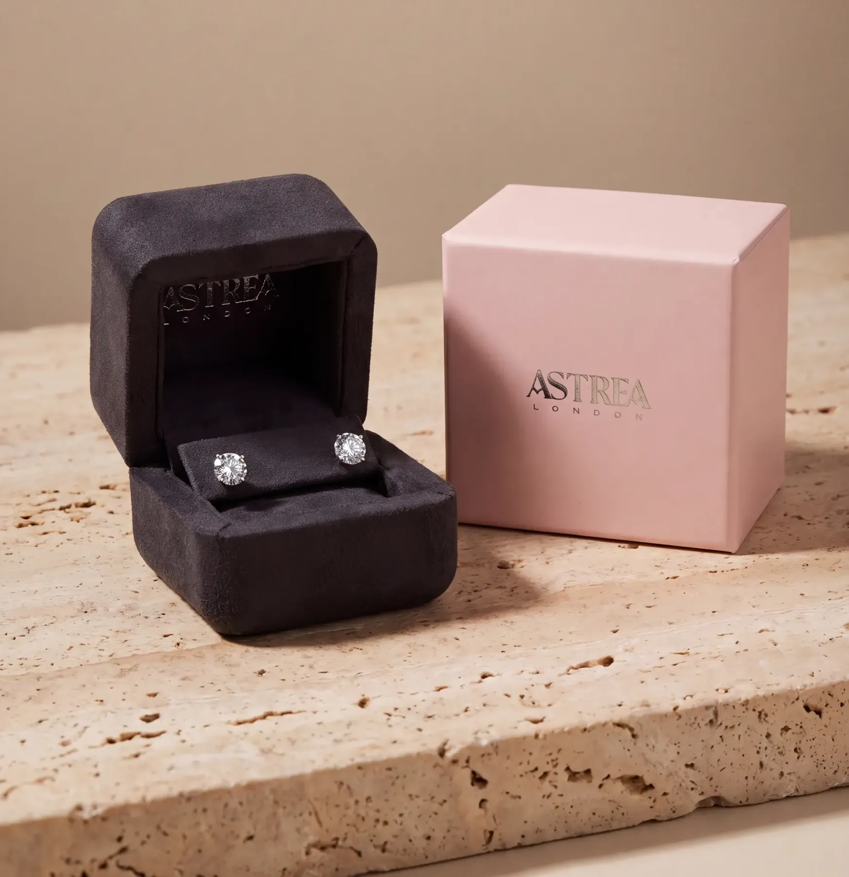 Astrea London earring packaging — grey suede case and pink outer box